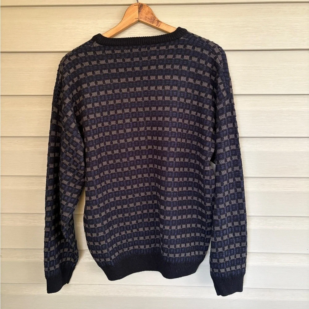 JANTZEN vintage men’s acrylic v-neck grandpa dad sweater blue geometric XL EUC